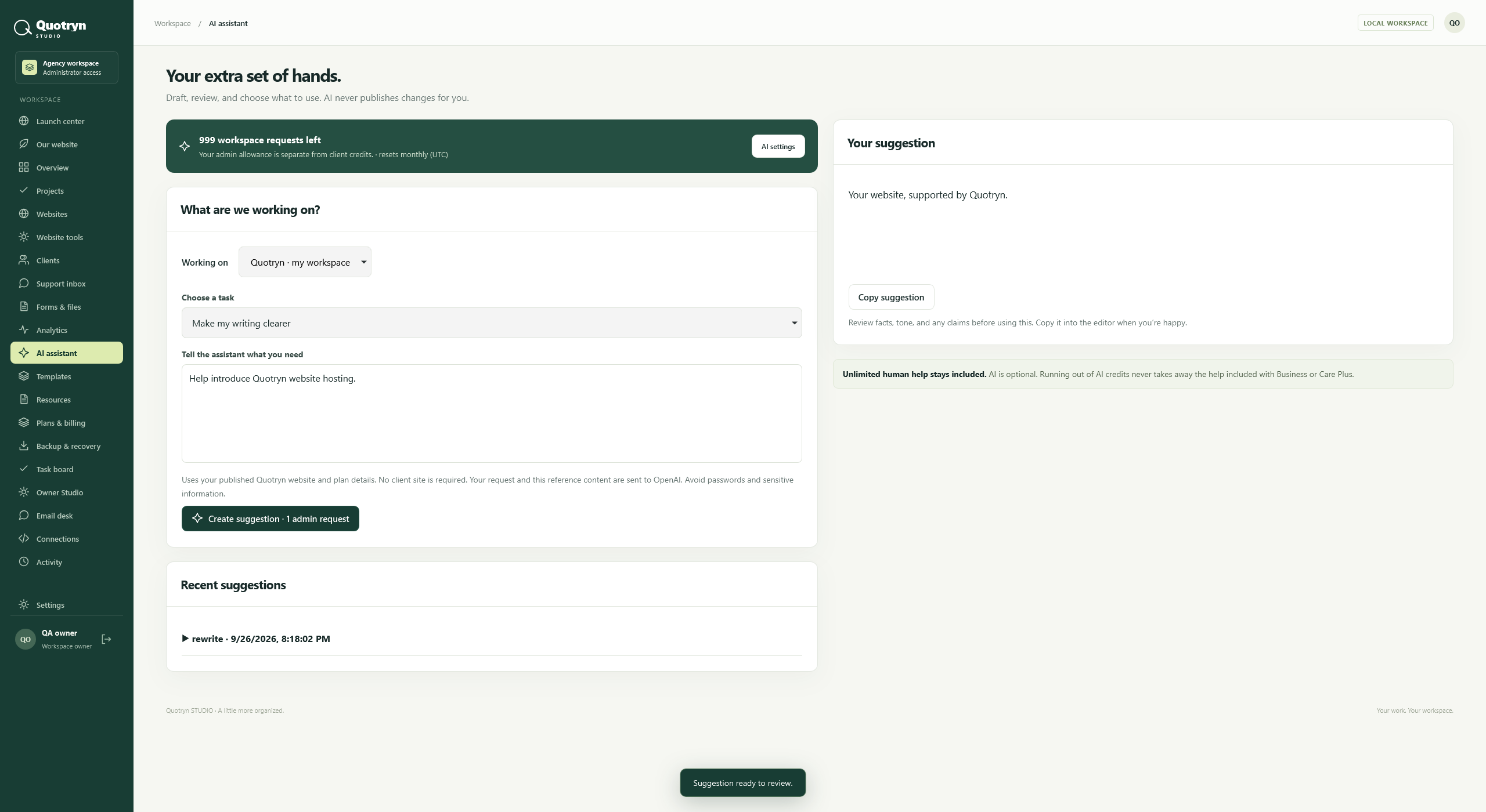 Actual Quotryn Studio AI assistant interface with suggestion workflow