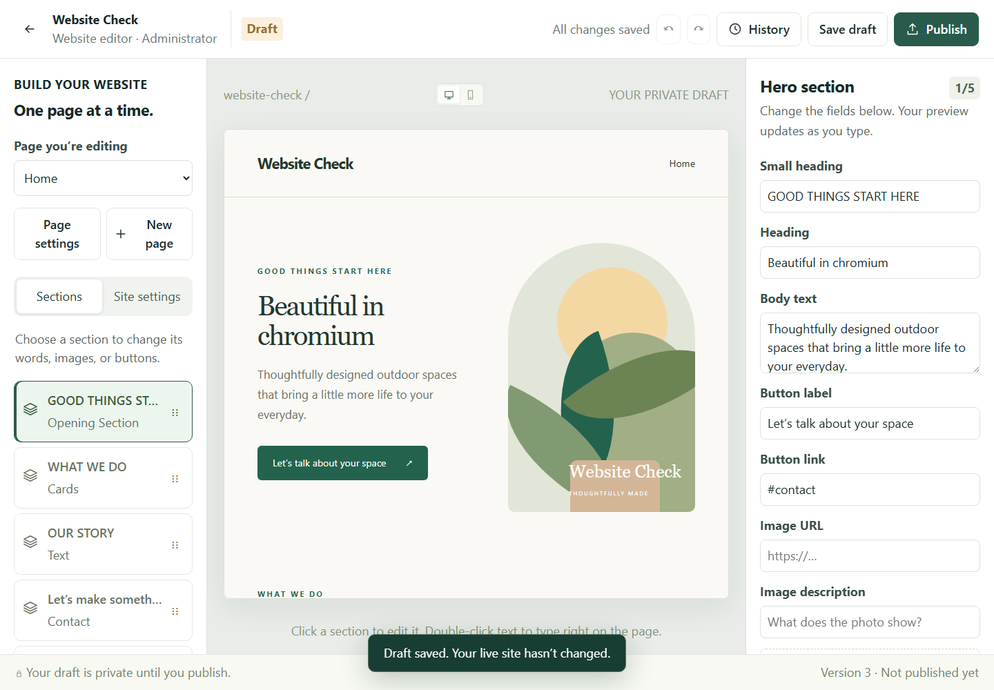 Actual Quotryn Studio visual website editor with page controls, live preview and publishing tools