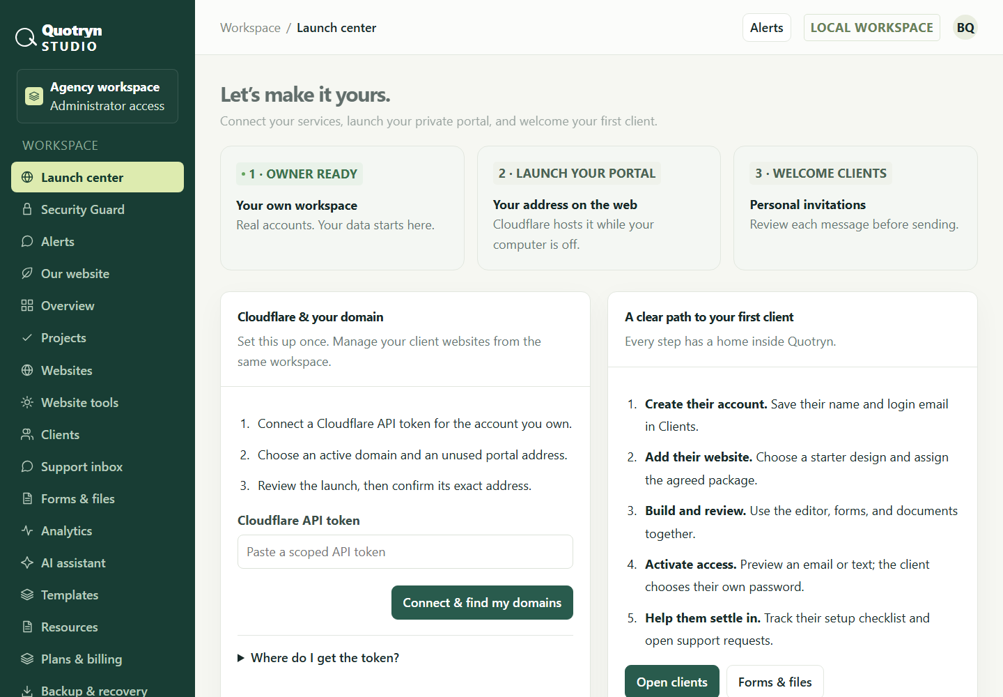 Actual Quotryn Studio owner workspace showing website controls and navigation