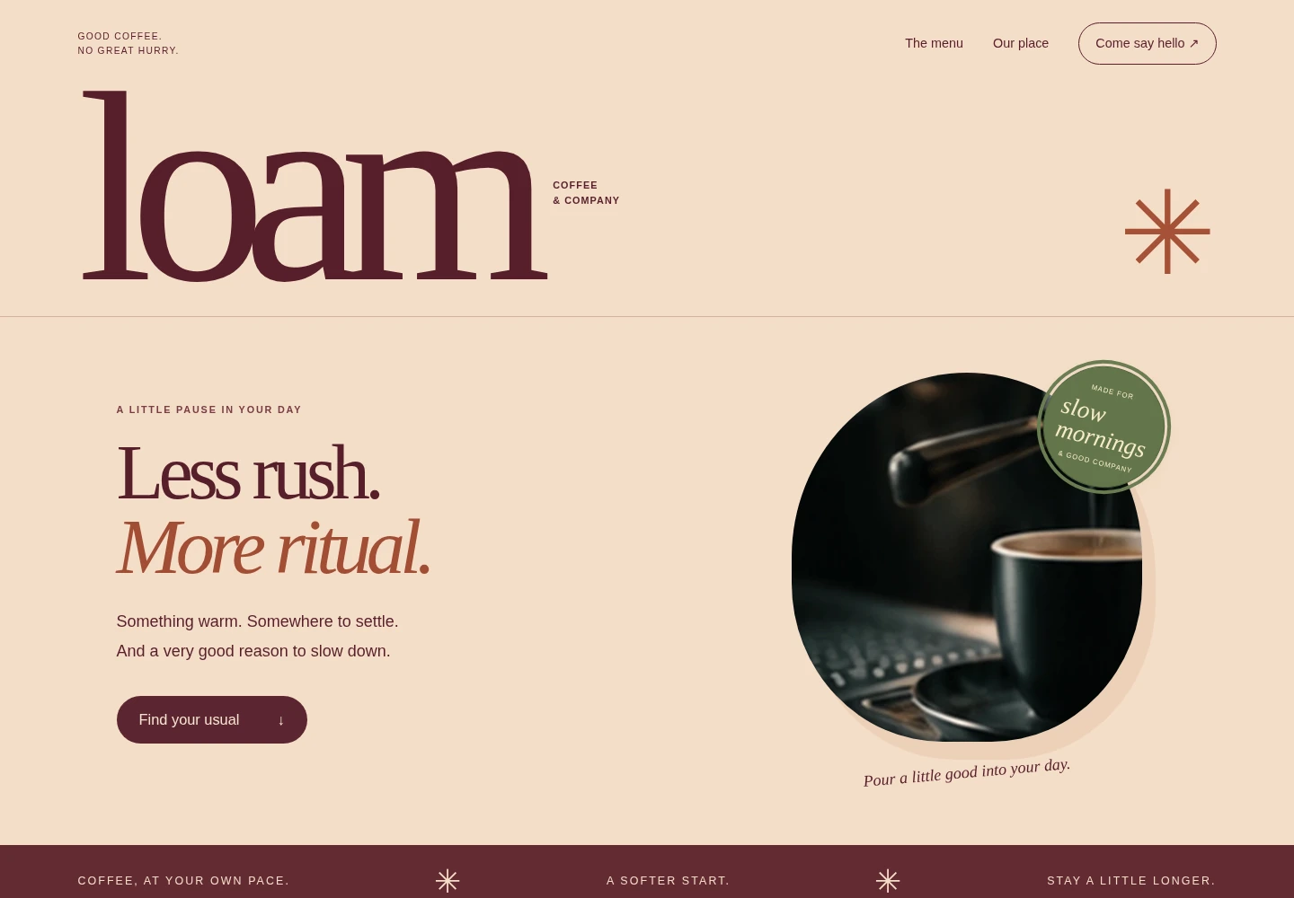 Actual rendered Loam Coffee Co. concept homepage