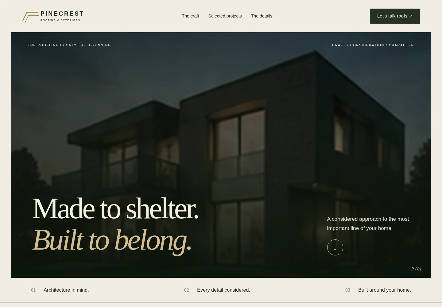 Actual rendered Pinecrest Roofing concept homepage